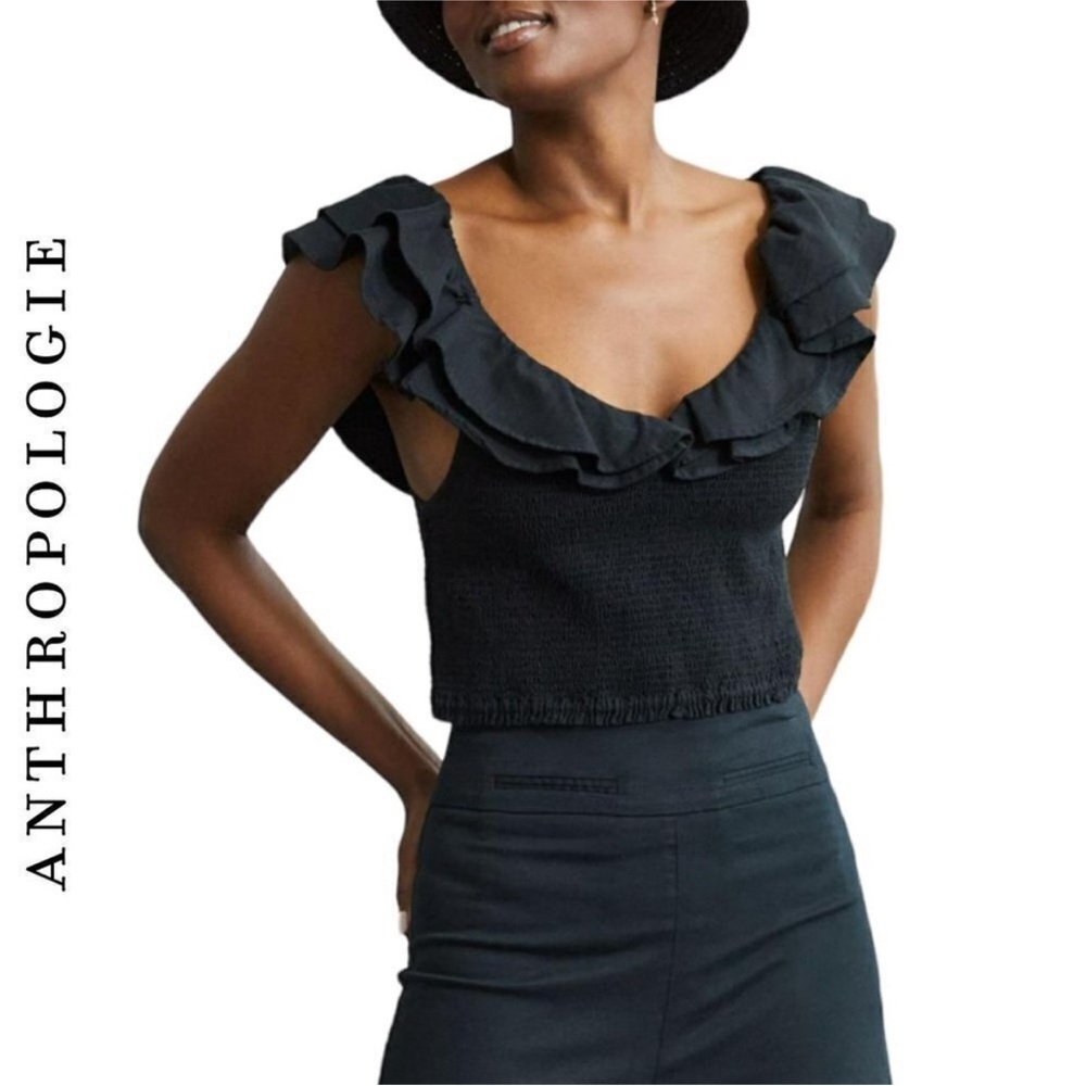 Anthropologie‎ Maeve black Ruffle smock crop top Size 4
